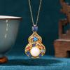 Collana a forma di zucca in smalto blu cinese per donna - Placcata oro con intarsio in giada, stile Hanfu Qipao
