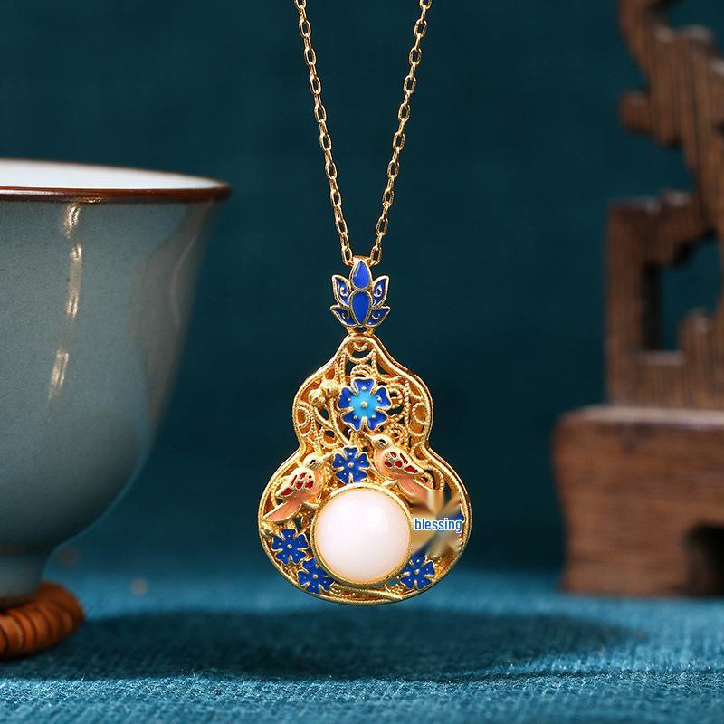 Collana a forma di zucca in smalto blu cinese per donna - Placcata oro con intarsio in giada, stile Hanfu Qipao