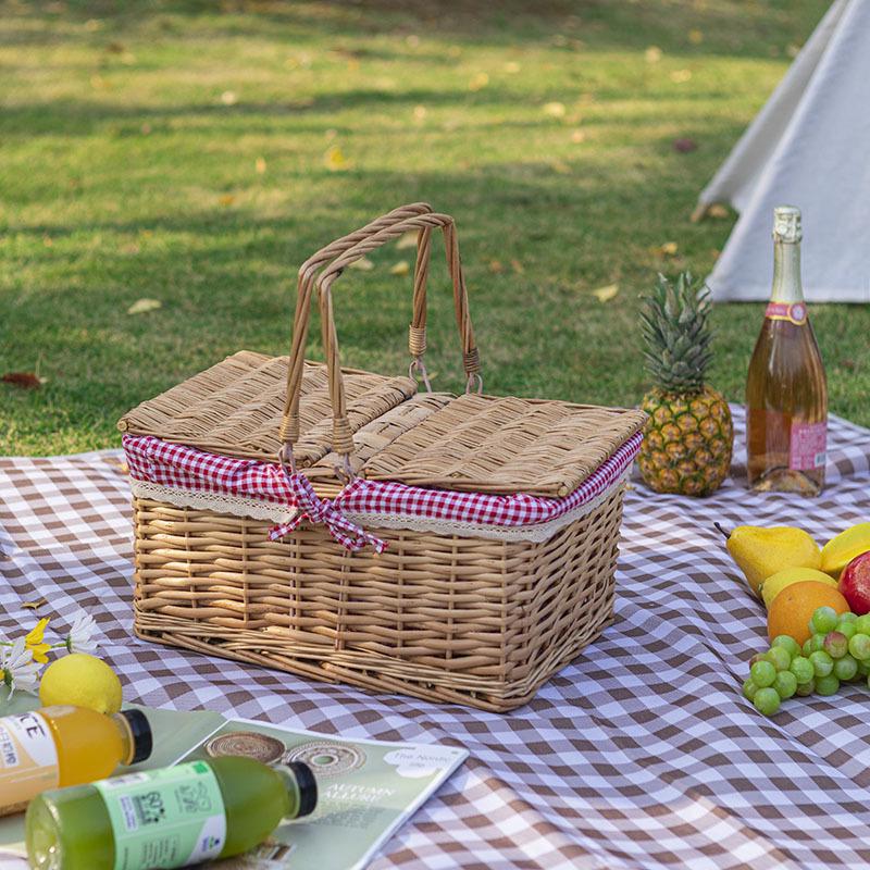 Portable Rattan Woven Picnic Basket with Lid - Small Outdoor Floral & Fruit Basket