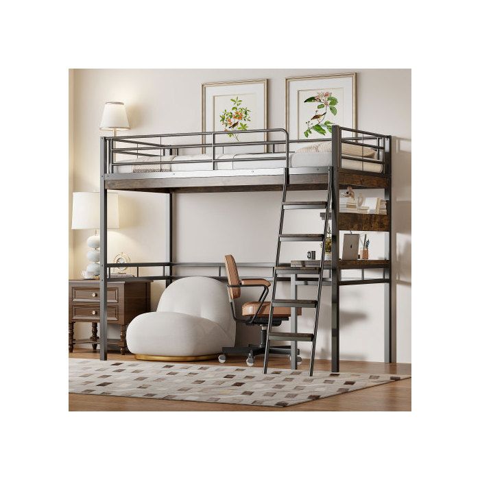 Lit mezzanine - MUVOE - 90x200cm - Noir - Bureau intégré - Étagères de rangement