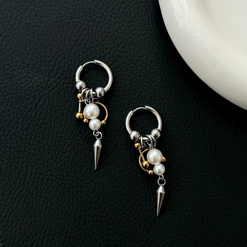 1Pcs Imitation Pearl Tassel Dangle Earrings Punk Gothic Stainless Steel Geometry Horseshoe Nail Rivet Earrings For Women Jewelry