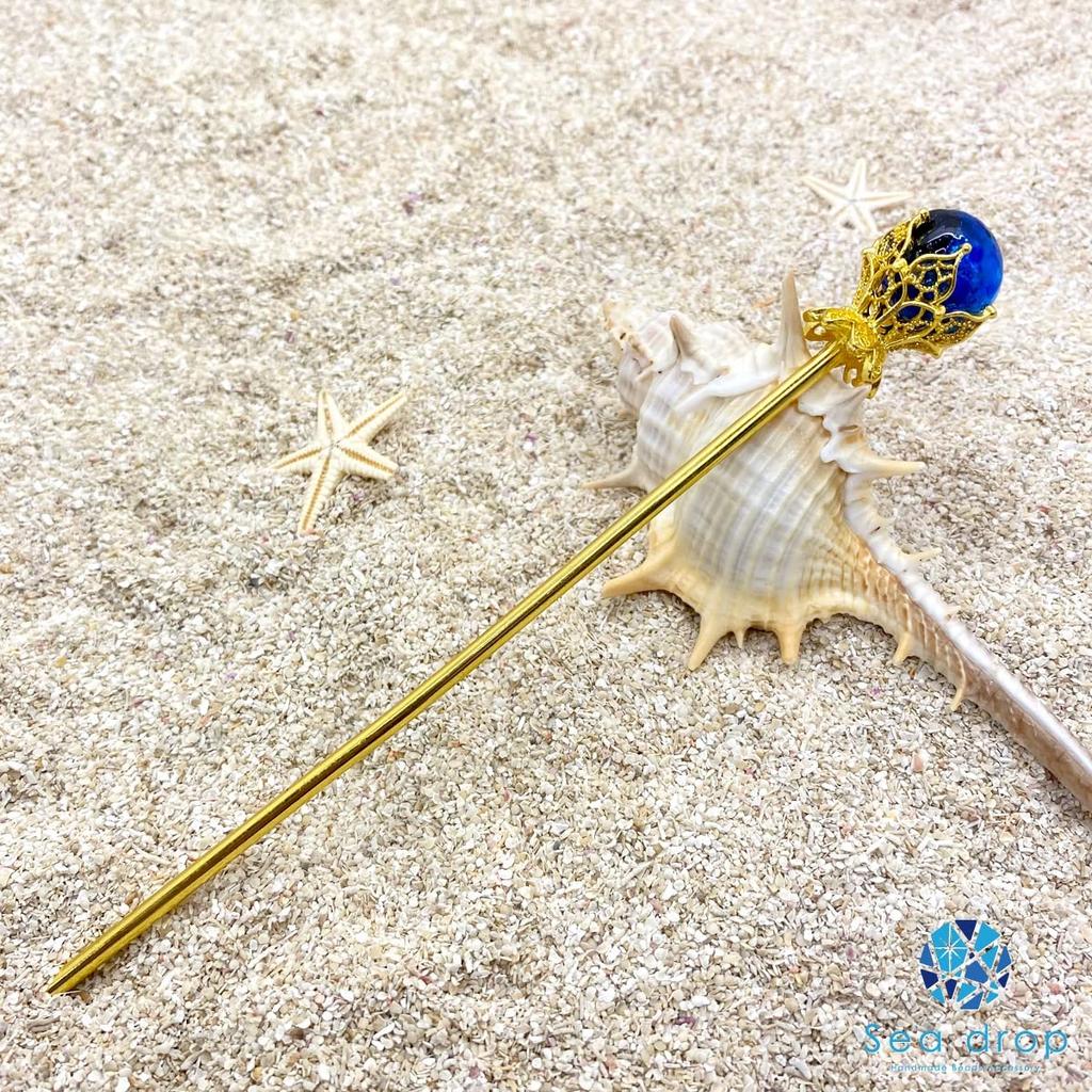 Sea drop kanzashi glass glass single perfect for and other traditional Japanese clothing hairpin, glow-in-the-dark bead, blue, 14mm, glow-in-the-dark,