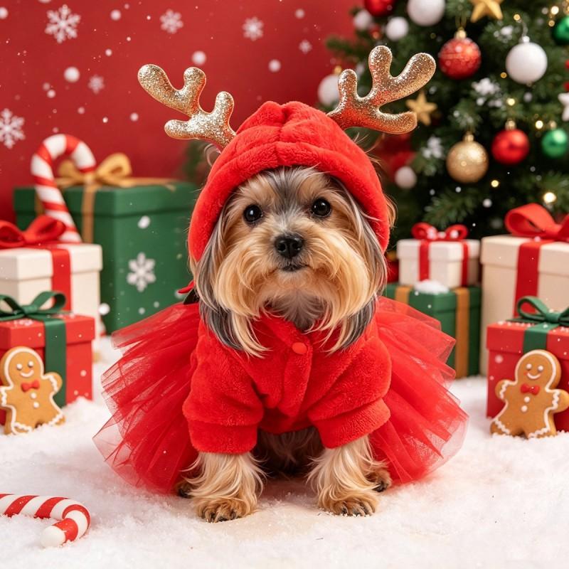 Festive Red Plaid Pet Dress Dogs Cats Warm Winter Holiday Tutu Skirt With Reindeer Design