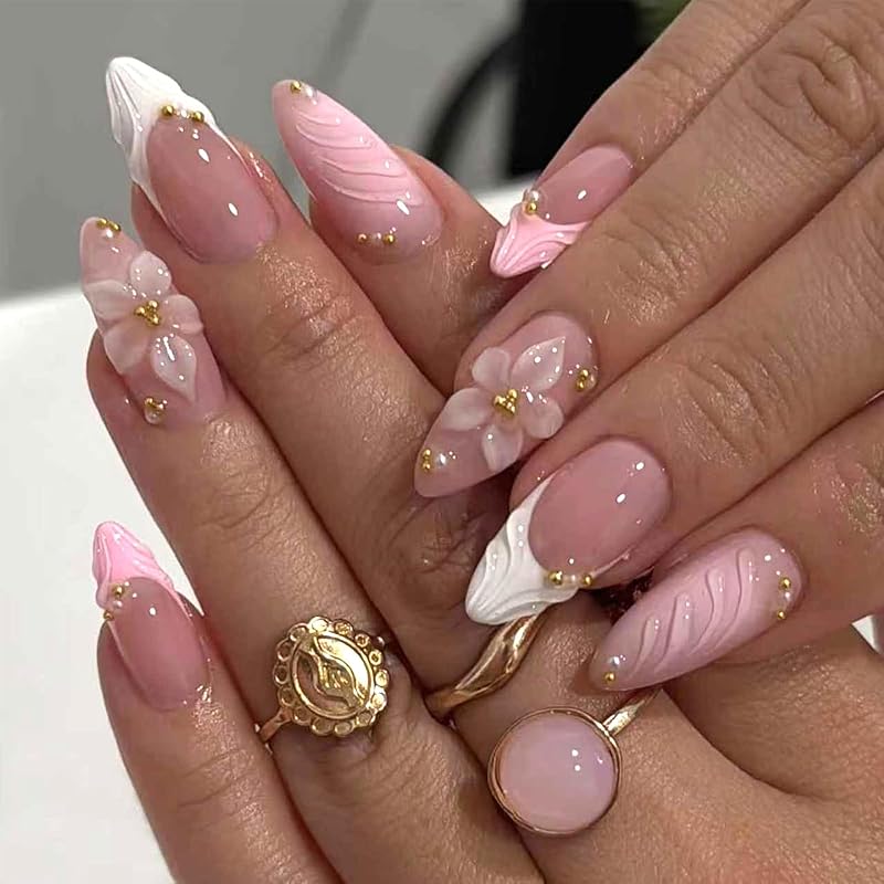 Pink French Tip Press on Nails Medium Almond Fake Nails with 3D Flower Designs Glossy Acrylic False Nails Golden Bead Artificial Glue on Nail