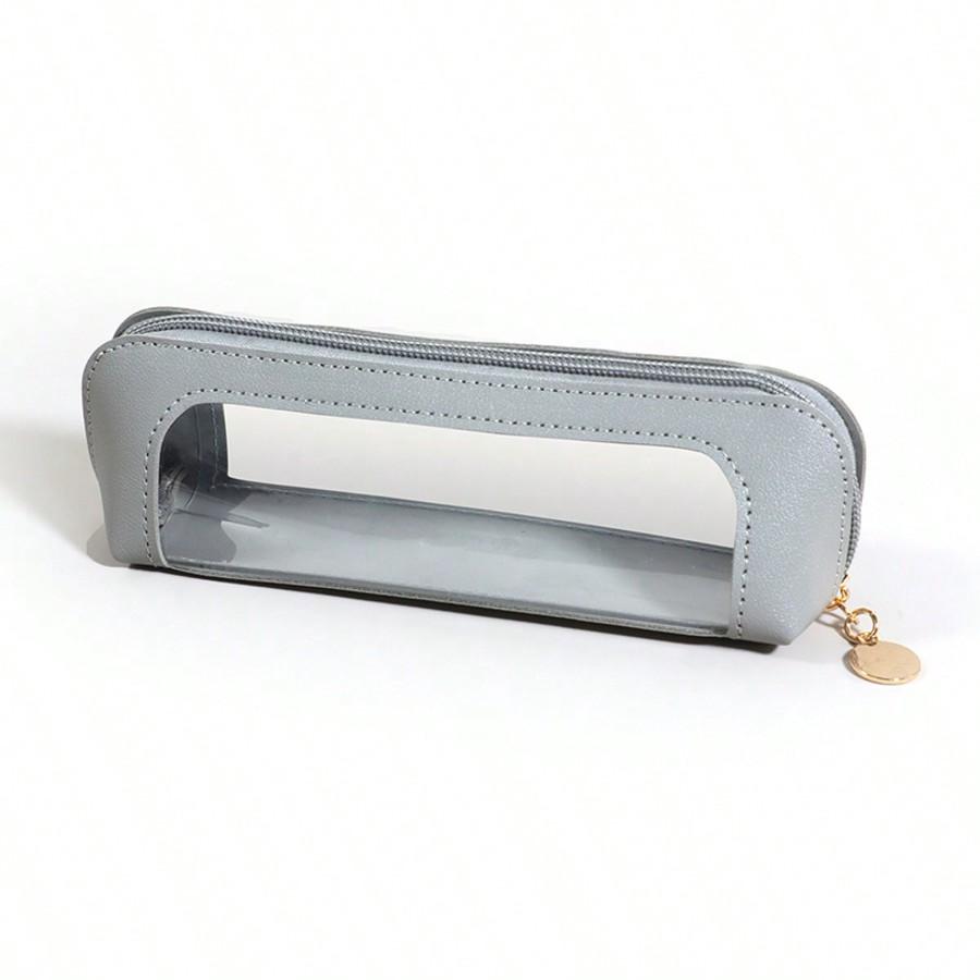 1pc Elegant PVC Portable Travel Makeup Bag With Transparent Window - Cosmetic Pen & Brush Organizer, Skincare Storage Pouch With Zipper Closure