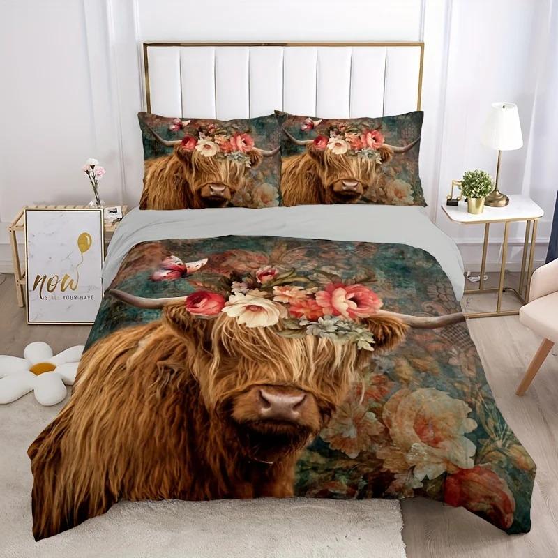 3pcs Vintage Duvet Cover Set, Rustic Pastoral Style Highland Cow Pattern Bedding Set, Soft Comfortable Breathable Duvet Cover