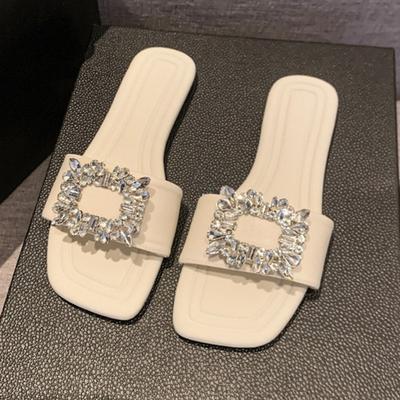 Fashion Slippers for Women In Summer Wear New Rhinestone Square Buckle Flat Flip-flops Fairy Style Beach Sandals and Slippers