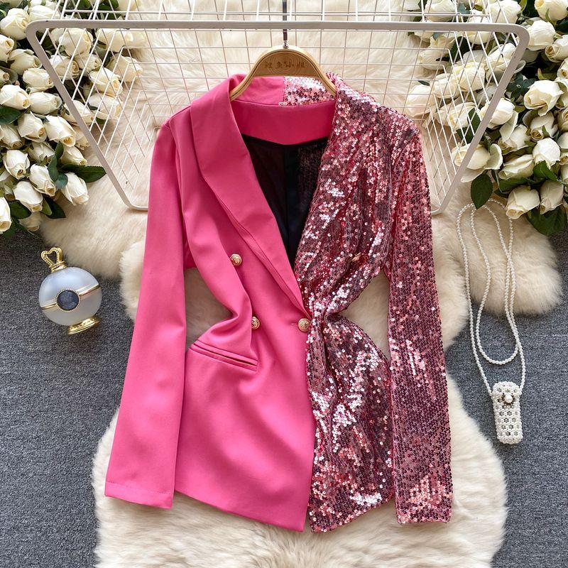

Adult Lady like Woman Sequin Color Contrast Patchwork Fashionable Suit Outwear Pink XXL