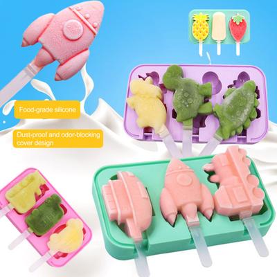 Silikon-Eiscremeform 3 Fächer Einfache Entformung Dinosaurier Auto Ananas Eis am Stiel Form DIY Sommer Gefrierschrank Eisstiel Behälter Küchenzubehör