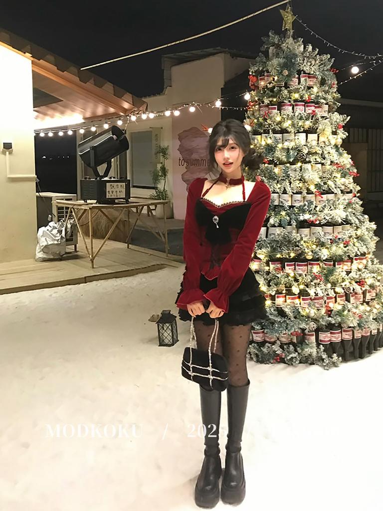 Subculture Korean Mini High Long Christmas Size M [MODKOKU] Women's Dress, Y2K, Style, Elegant, Feminine, Lace, Dress, Waist, Ribbon, Lined, Lace-Up,