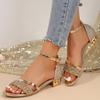 New Summer Thick Heel Large Size Sandals Women's Korean Version Fashion Rhinestone Button Open Toe Low Heel Roman Women's Shoes