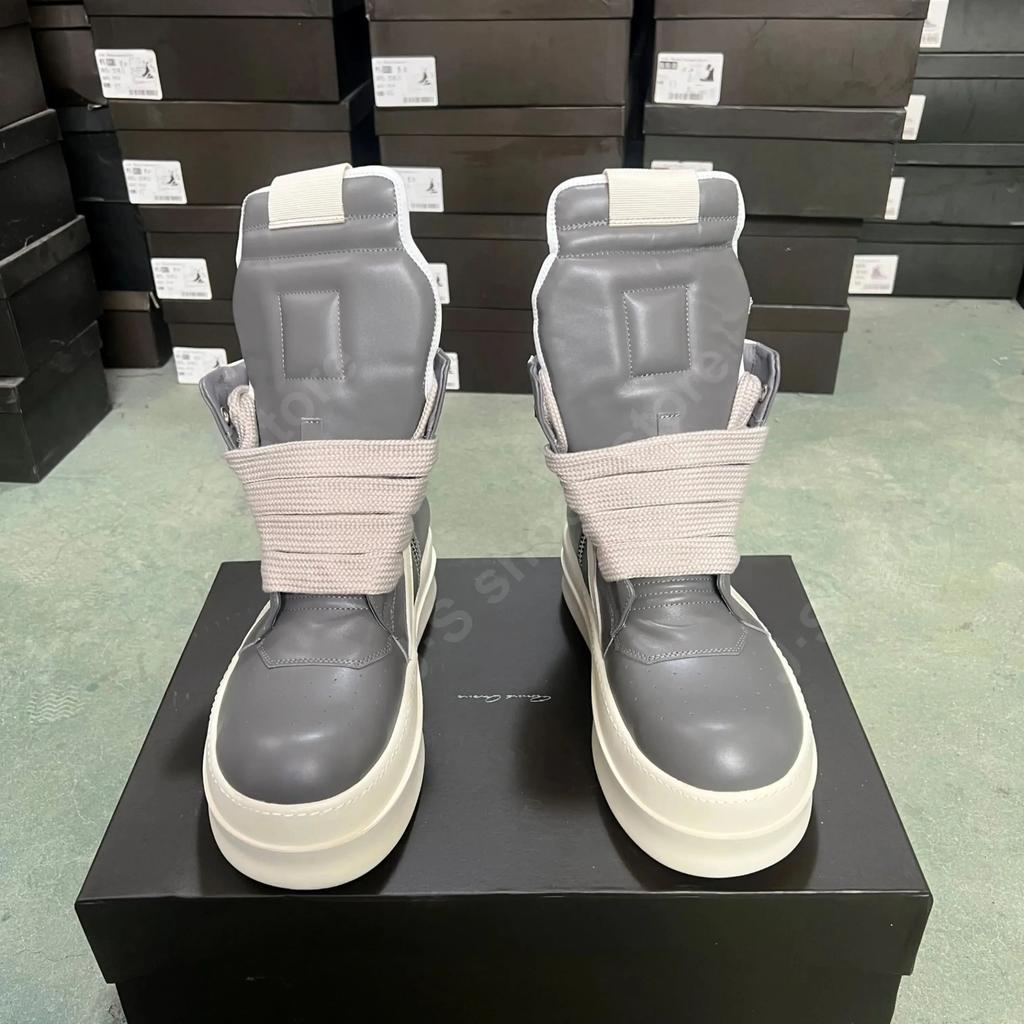 R-o Designer Boots Men Sneaker Women Gray Leather Grey Ankle Boot Jumbo Laces Platform 6cm Thick Sole High Top Shoes Casual Shoe