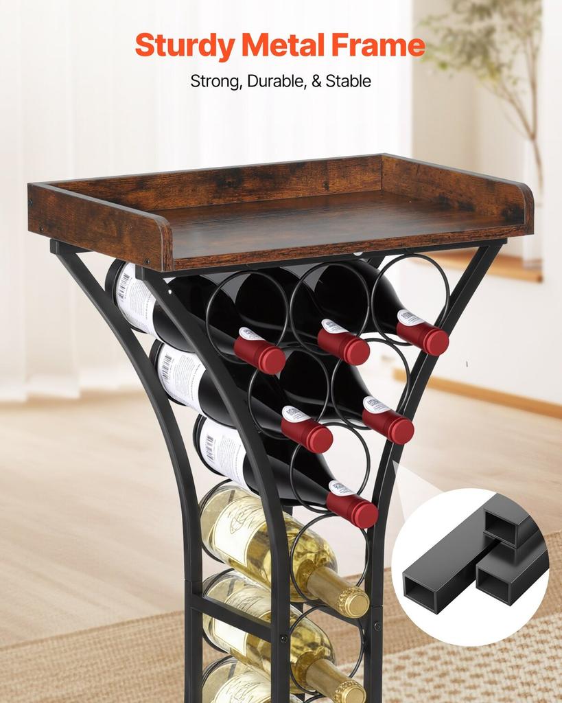 15 Bottle Wine Rack,Iron Freestanding Floor Wine Holder, Mini Bar Stand Liquor Cabinet with Wood Tabletop, For Home Bar,Kitchen,Living Room,Dining