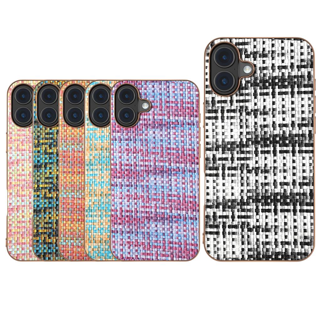 For iPhone 16 Plus Case Electroplating Edge Plaid Texture PU Leather+PC+TPU Phone Cover