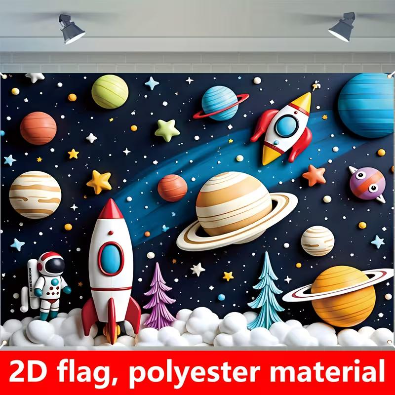 2D Galaxy Kids Tapestry, Colorful Planets, Rocket & Astronaut Wall Decor