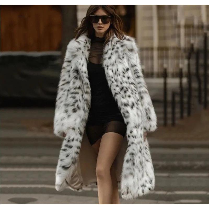 

Womens Fluffy Snow Leopard Print Fur Coat Comfortable Daily Outerwear S белый