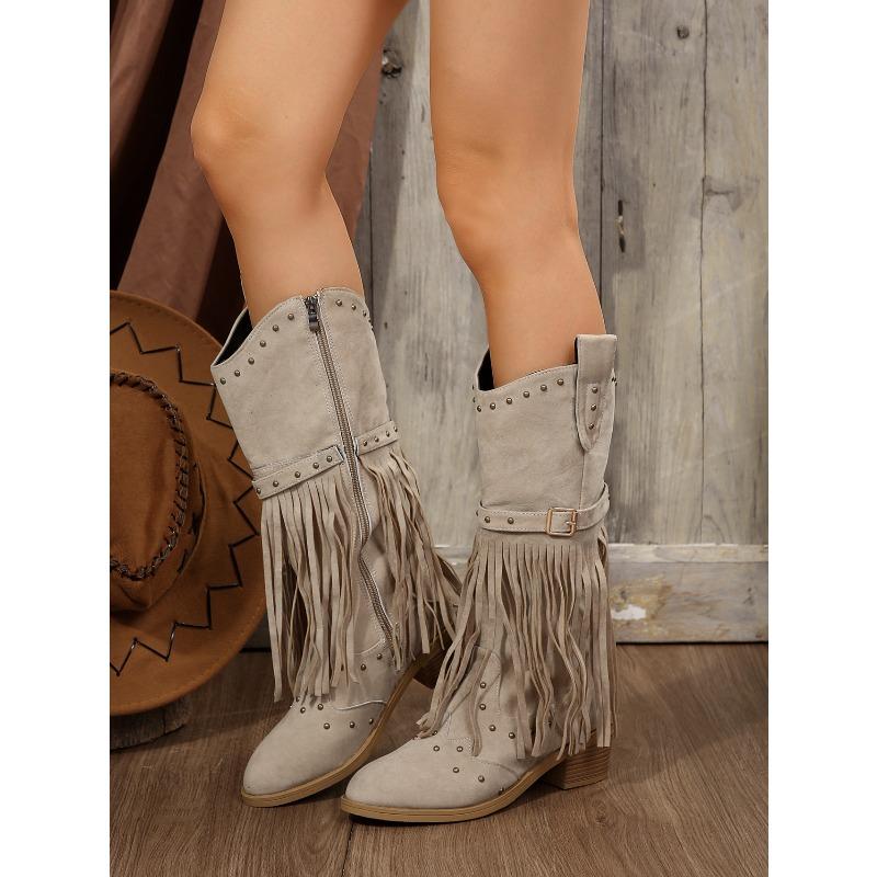 Suede Vintage Fringe Boots 2025 Winter New Rivet Belt Buckle Pointed Toe Mid-Top Boots Plus Size Knight Boots Women