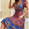 New Fashion Vintage Short Sleeve Women's Dress V-neck Printed Green Elegant Dress for Summer A Line High Waist Casual Women Dresses 24340
