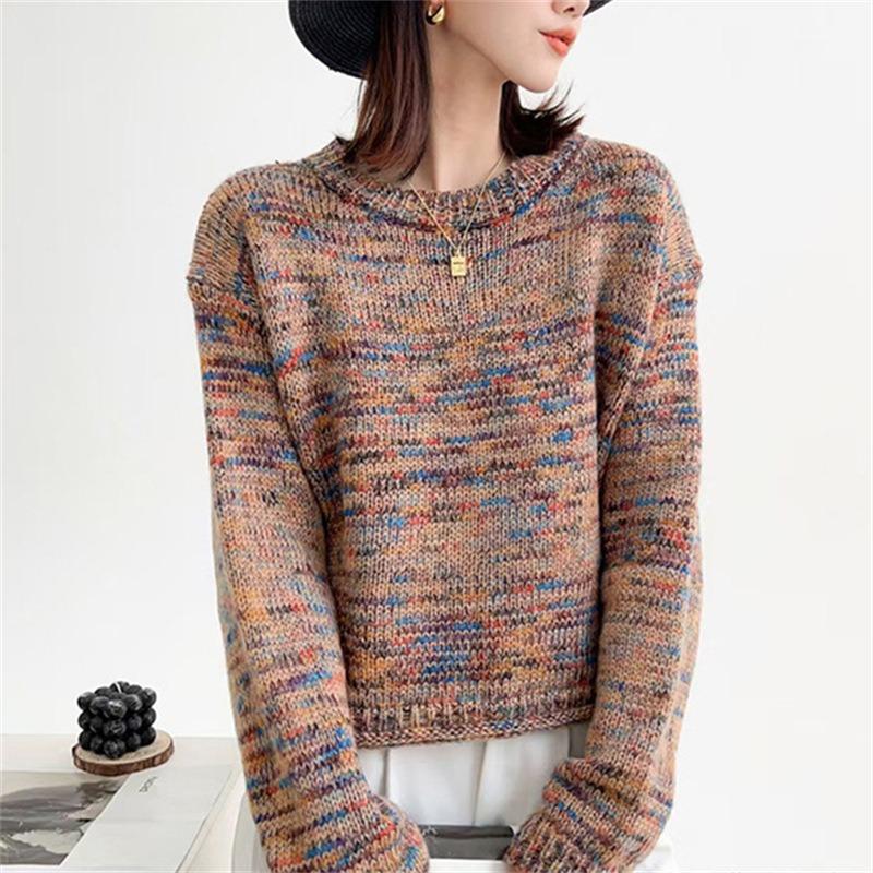 Retro autumn and winter crew neck pullover sweater women's casual variegated top splicing soft waxy short versatile knitted sweater top