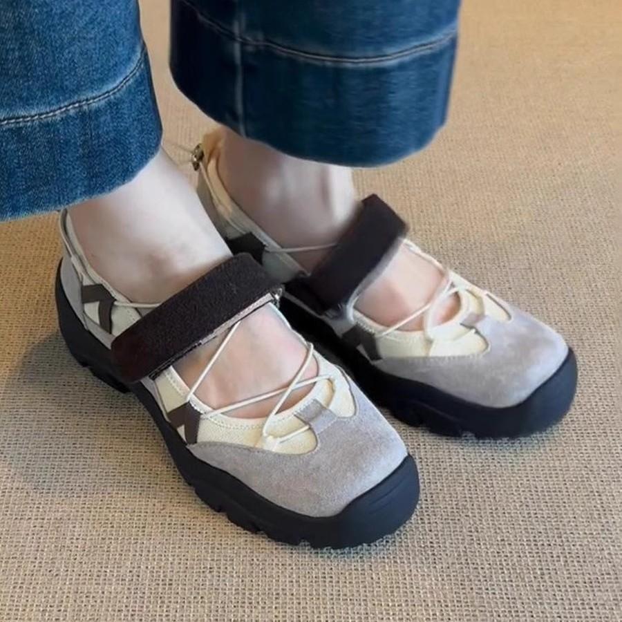 Ballet style color matching sports sole Velcro Mary Jane small leather shoes Maillard retro round head platform casual women's shoes