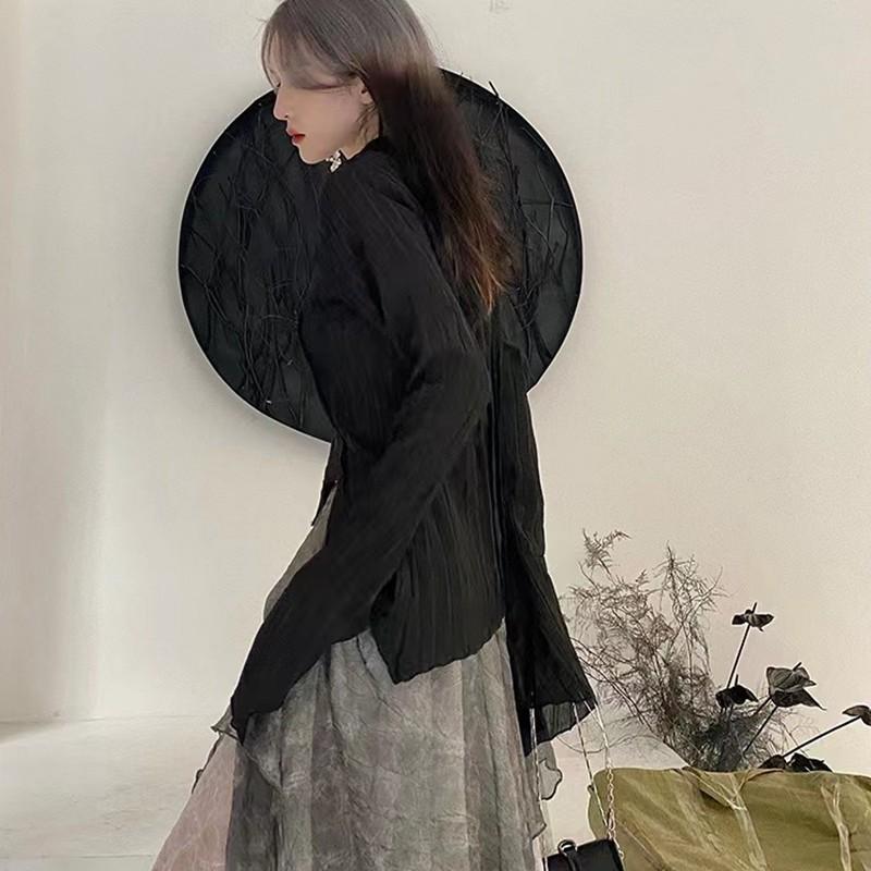 2KWEIRD Gothic Black Shirt Yamamoto Style Dark Aesthetic Blouse Women Irregular Designer Clothes Emo Alt Clothes Grunge Tops Y2k