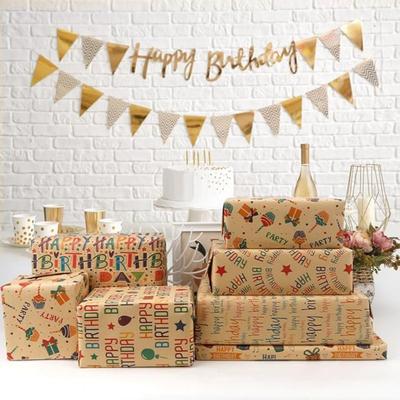 6 Sheets Kraft Birthday Wrapping Paper, Folded Flat Gift Wrapping Paper, Happy Birthday Boys Girls Gift Wrapping Paper for Birthday Party Baby Shower