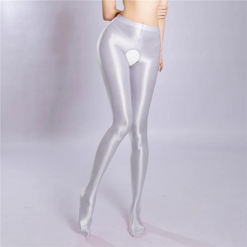 Sexy Women Crotchless Pencil Pants Elastic Glossy Shiny Slim Leg Yoga Shape Legging Tights Summer Ootd Fashion Party Dance