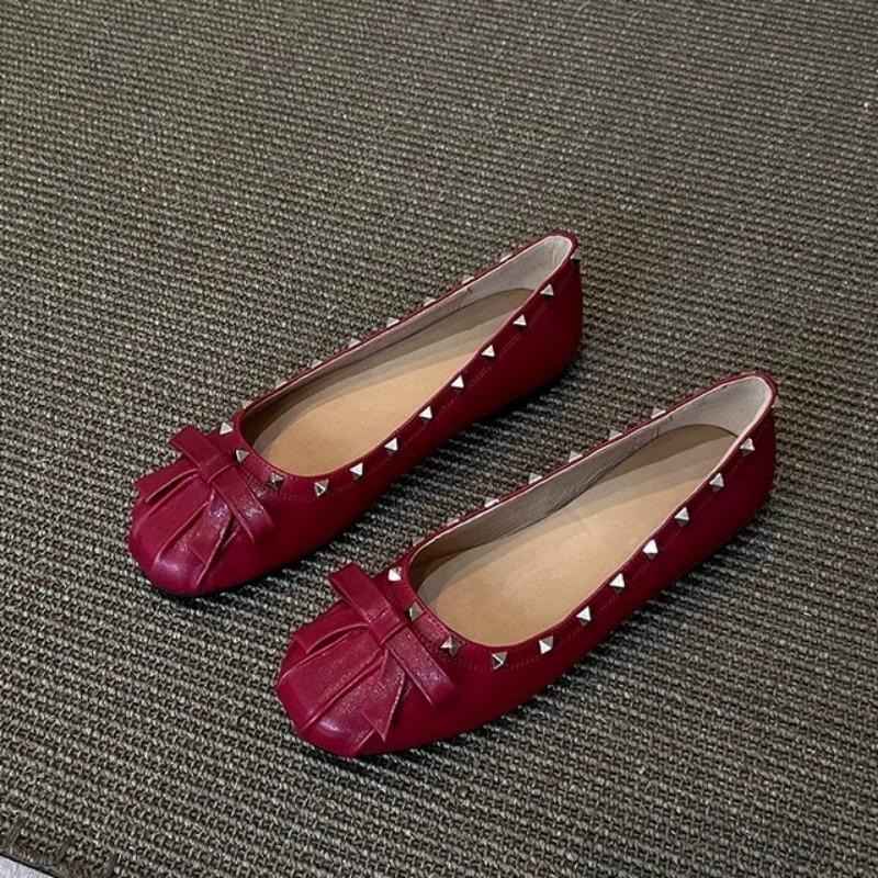 Woman Bowcropped Studded Ballet Slippers French Rivet Style Mary Jane Shoes For Summer Flats Women's Dancewear Loafers Mules