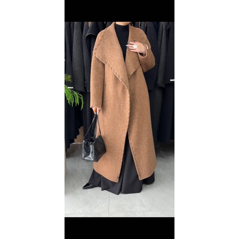 Womens Double-Faced Wool Coat Mid-Length Hand-Stitched Leather Trim Oversized Lapel Chic Korean Style Outerwear