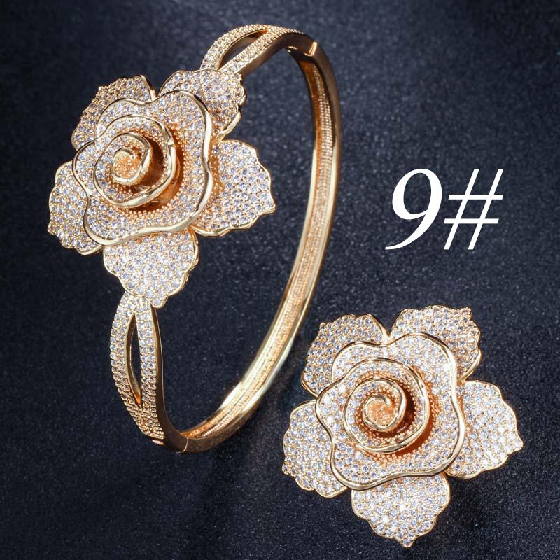 WWJ Super Luxury Zirconia Large Golden Color Geometric Flower Wedding Ring Bangle Sets