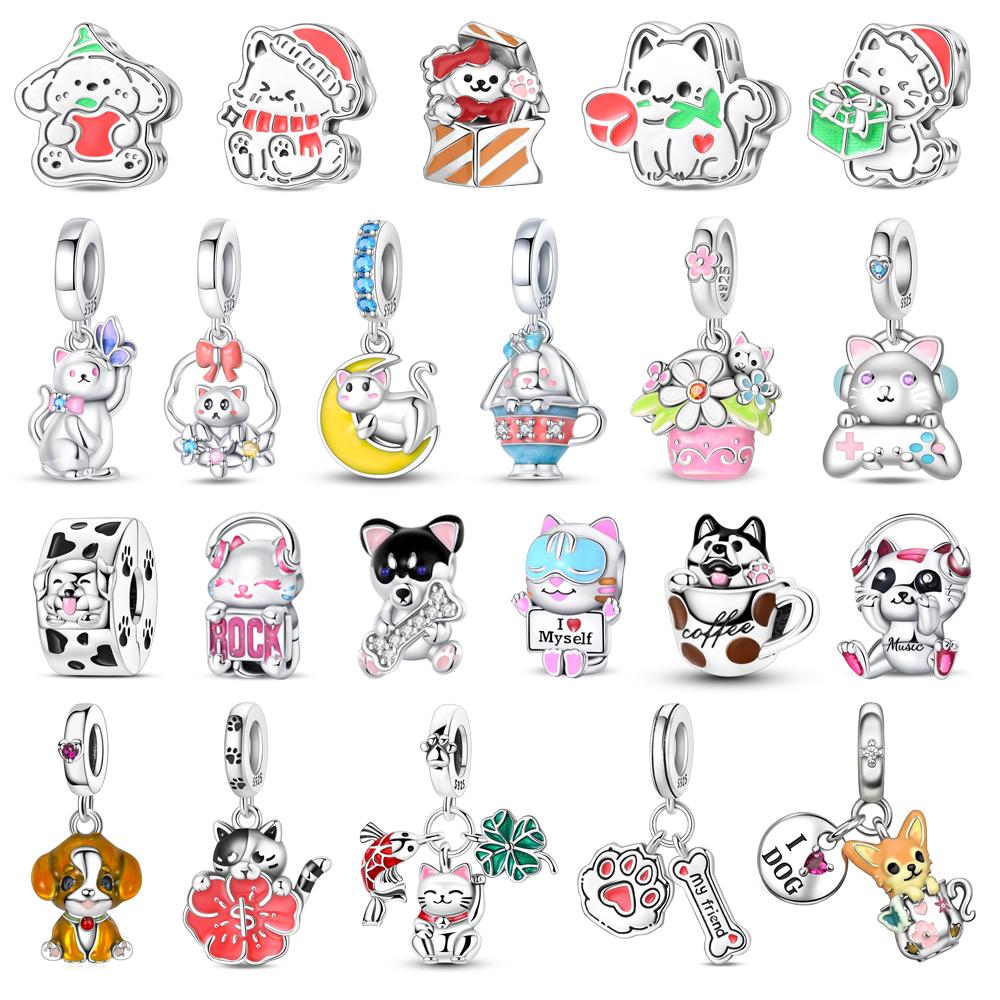 Copper Puppy Beads & Moon Cat Dangle Charm Fits Bracelet Cute Pet Pendant Jewelry Accessories Gifts