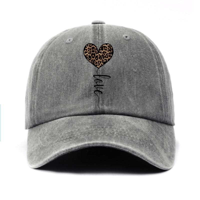 Leopard Heart Love Script Baseball Cap Distressed Sun Protection Casual Adjustable Unisex Outdoor Cap