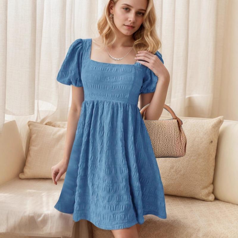 Women Summer Square Neck Fitted Puff Sleeve A Line Short Dress