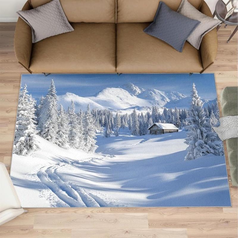Winter Snow Mountain Cabin Area Rug Snowy Forest Landscape Print Soft Floor Mat Scenery Carpet for Living Room Bedroom