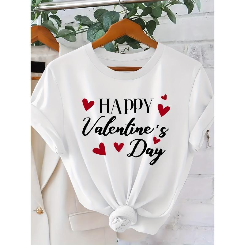 

European size Women s Valentine s Day Heart Print T-Shirt - Cute Short Sleeve Round Neck Blouse with Valentine s Heart Lettering S белый