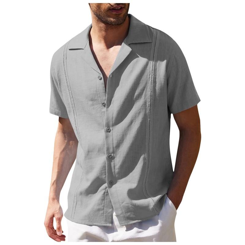Mens Linen Style Short Sleeve Solid Shirts Casual Fit Formal Dress Top Tee Shirt