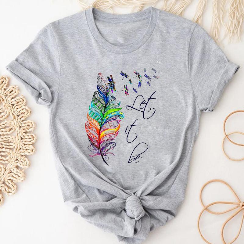 (Asian Size) Dragonfly Dandelion Plant Short Sleeve Women Print Tee Top Summer Fashion Tshirt  Lady Female Clothing Casual Graphic T-shirt