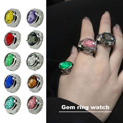 Colorful Rhinestone Ring Watch with Flip Cover Elastic Stainless Steel Band Oval Dial Women Watch Finger Ring Birthday Gift Fashion Accessories