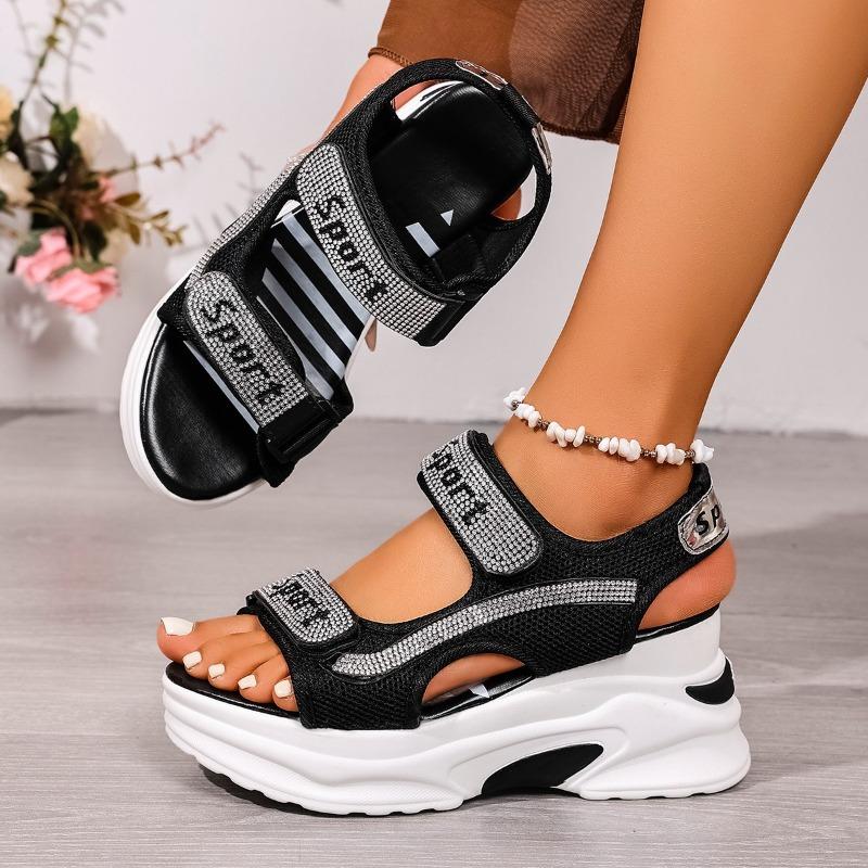 Damen Sommer Keilabsatz Sandalen mit dicker Sohle, Riemchen mit Klettverschluss und Plateau-Sohle, Vielseitige Strand-Freizeit-Schuhe.