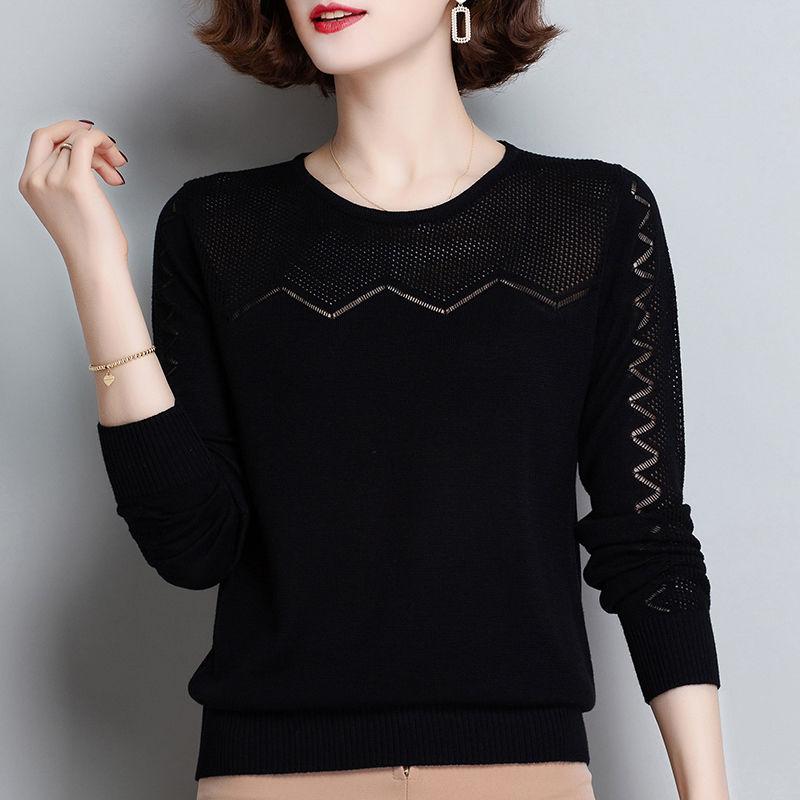 

Тонкий вязаный крючком ажурный свитер для женщин корейской версии свободный крой футболка с длинными рукавами модный топ 2XL чёрный