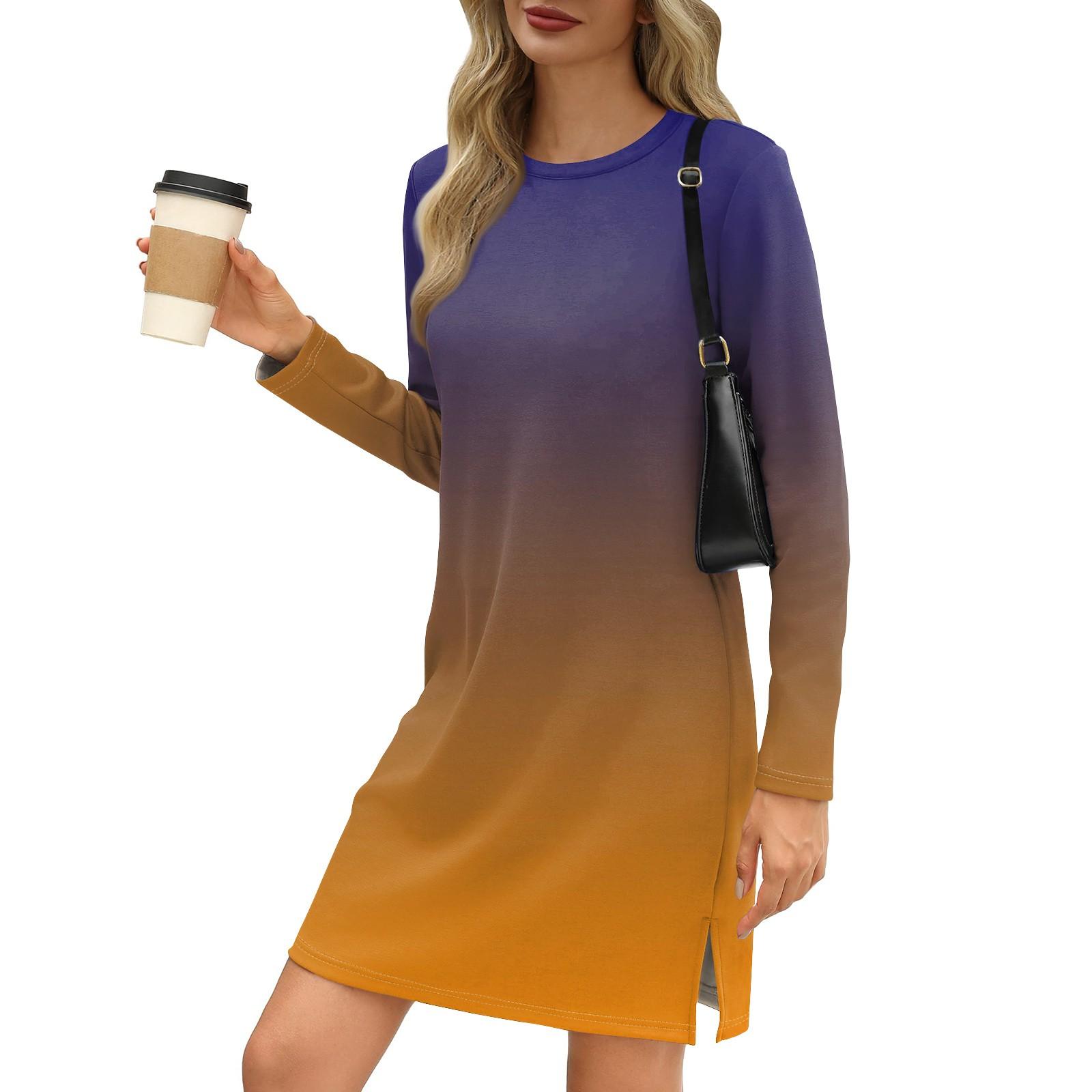 Женское модное повседневное платье с круглым вырезом и длинными рукавами и разрезом — фото 5