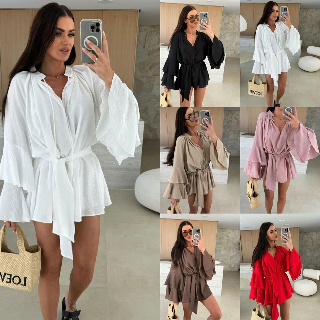 Spring Summer Ruffle Loose Mini Dress Casual Flare Sleeve Holiday Dresses Sexy Deep V Lace Up Solid Color Women's Dress Vestidos