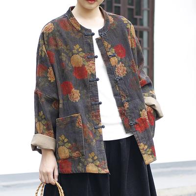 Jaquetas Femininas Vintage Estampadas Florais de Veludo Cotelê Gola Alta Manga Longa Botões Casacos Primavera Estilo Chinês Bolsos Jaquetas