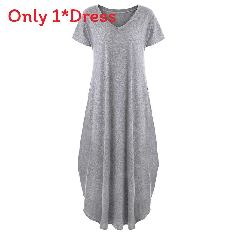 Polyester Vneck Pocket Split Long Dress For Casual Summer Wear