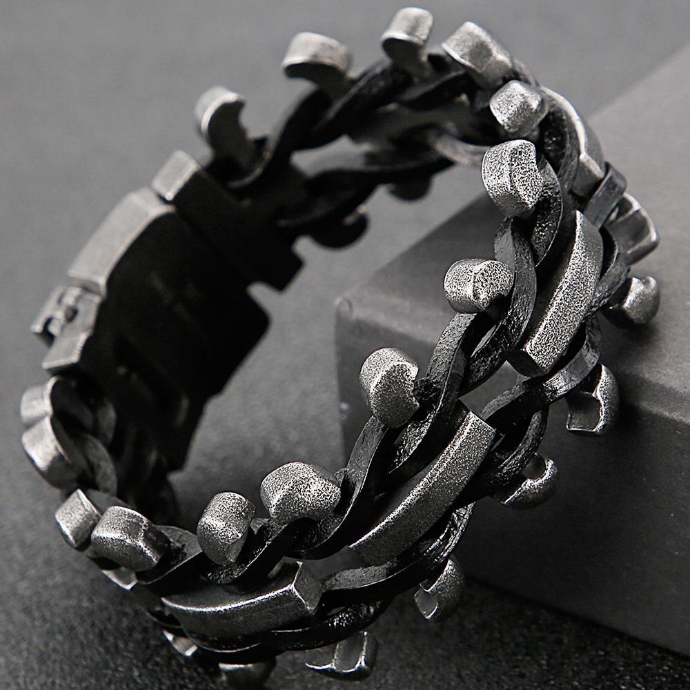 Men's Leather Bracelet Gothic 30MM Width Chain Bracelet With Belt Buckle Hip Hop Stainless Steel Wristband Adjustable Wrap Cuff Bangle
