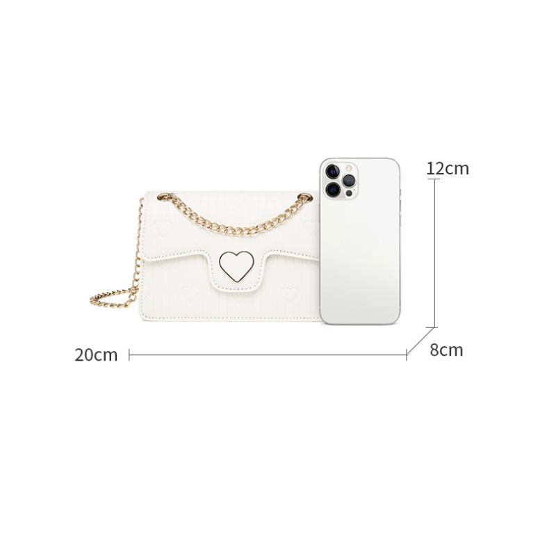 Fashion Trendy Black PU Leather Crossbody Bags Simple White Flap Sling Shoulder Bags for Women Female Heart Print Chain Handbags