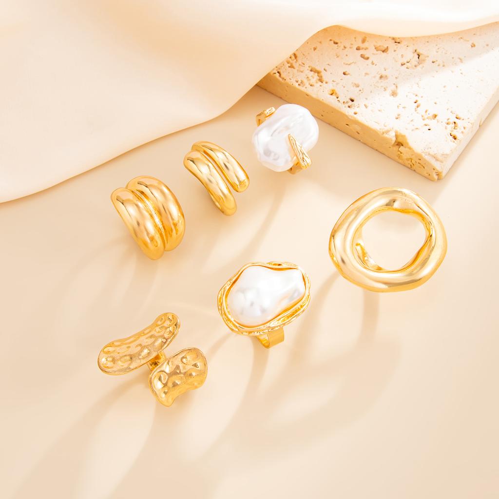 Ingemark 6Pcs/Set Boho Imitation Pearls Metal Ring Women Trendy Punk Irregular Geometry Hollow Wide Knuckle Ring Set New Jewelry