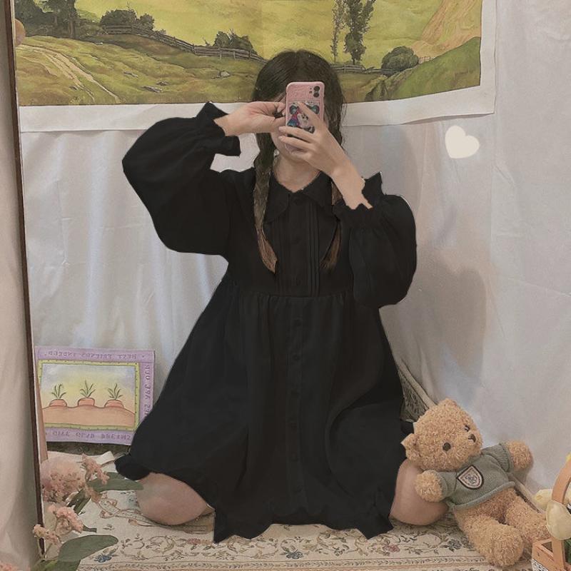 Šaty Kawaii Ženy Sladká Lolita Bílé Krátké Šaty Volány Límec Peter Pan Preppy Styl Jaro Podzim Župan s dlouhým rukávem