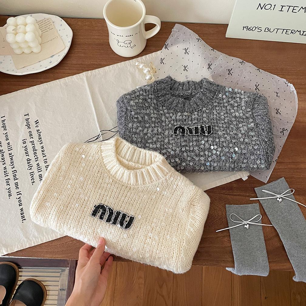 Girls' clothing autumn and winter new pullover top girls trendy heavy industry sequined letter embroidered sweater