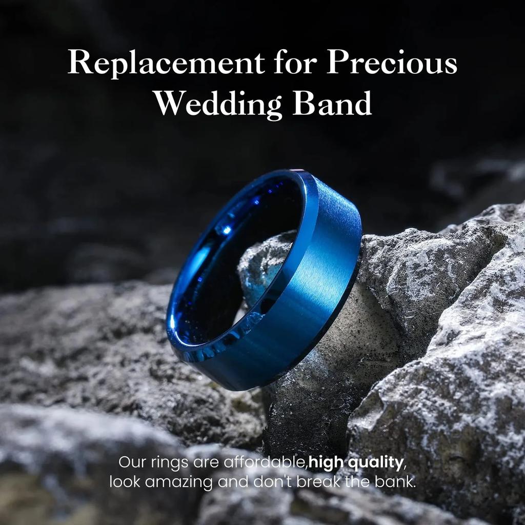 Einfache 8mm Blaue Edelstahlringe für Männer Frauen Blaues Mattes Finish Abgeschrägte Polierte Kante Herrenringe Ehering Schmuck Geschenk